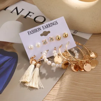 Hoop Drop Pearl Stud Earrings Set (6 Pairs)